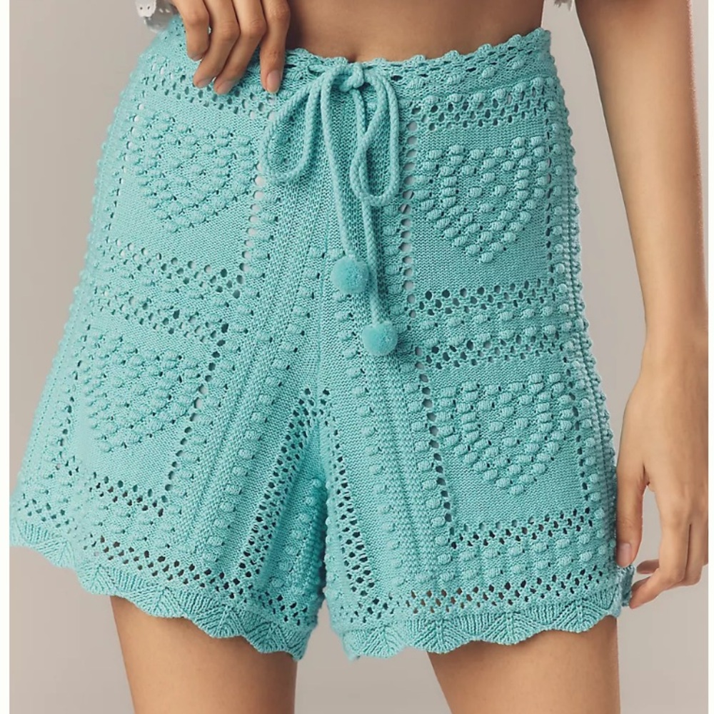 Farm Rio Crochet Tie Shorts Turquoise 100% Cotton NWT Size Small and Medium